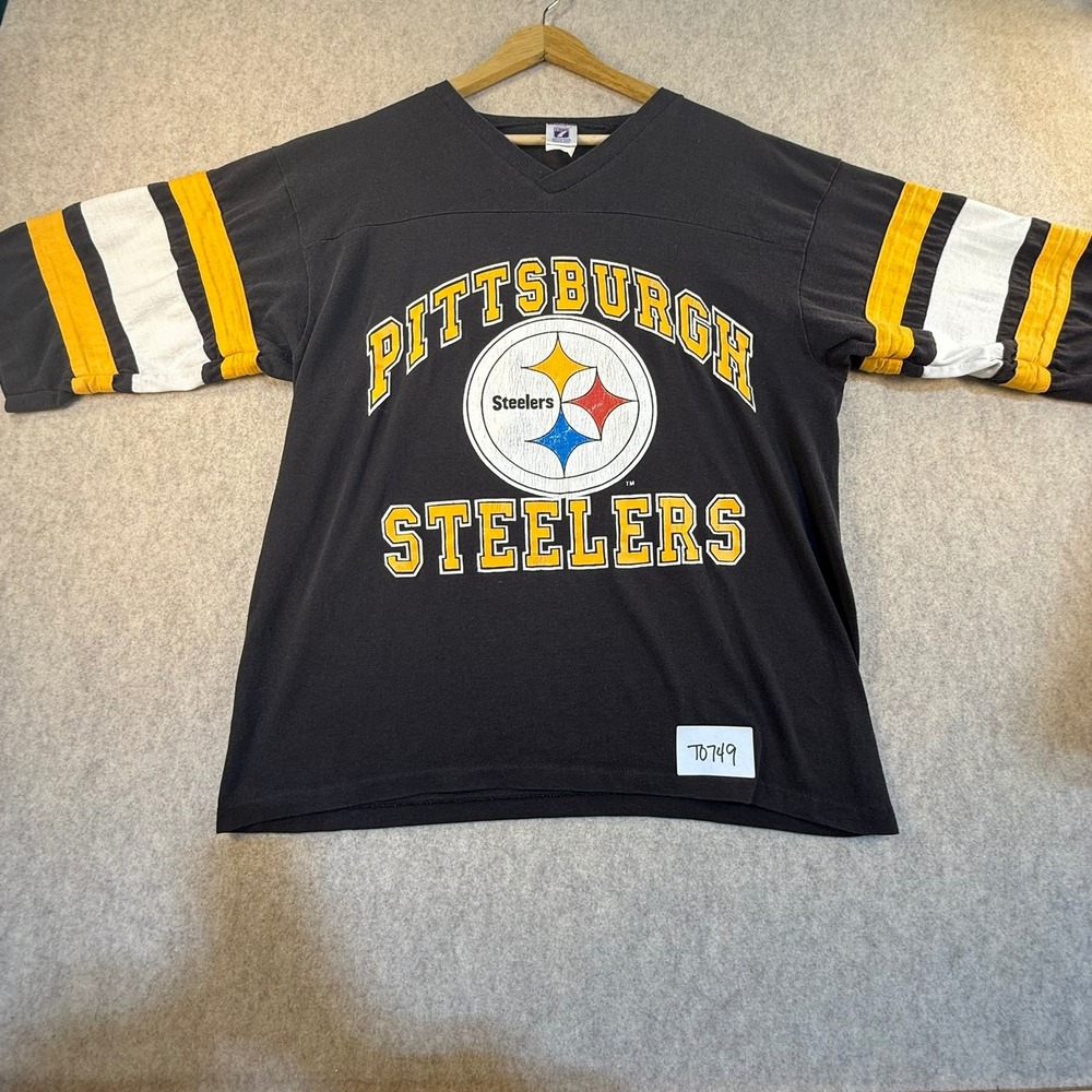 Vintage Logo 7 Pittsburgh Steelers V-Neck Shirt Mens Large Black NFL Made in USA